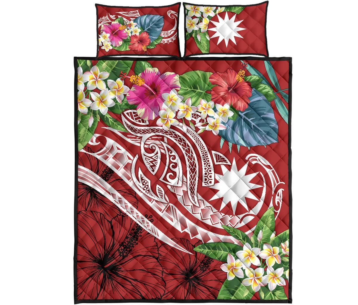 Nauru Polynesian Quilt Bed Set - Summer Plumeria (Red)