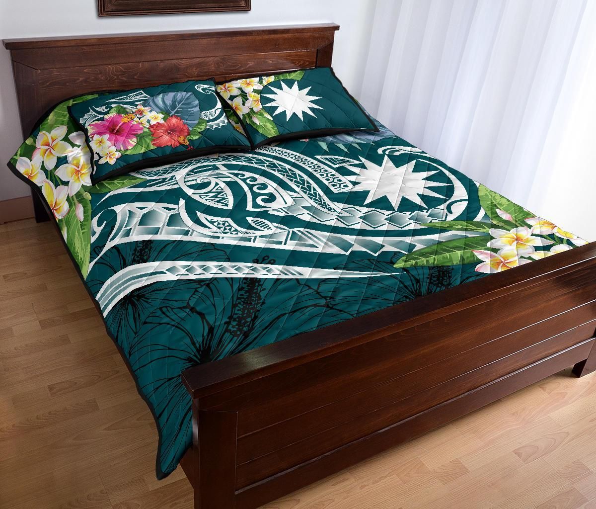 Nauru Polynesian Quilt Bed Set - Summer Plumeria (Turquoise)