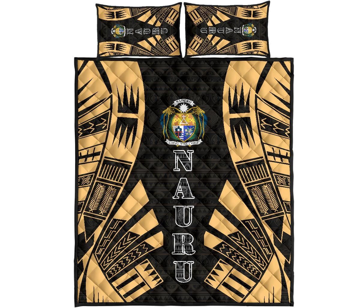 Nauru Quilt Bed Set - Nauru Coat Of Arms & Polynesian Yellow Tattoo Style