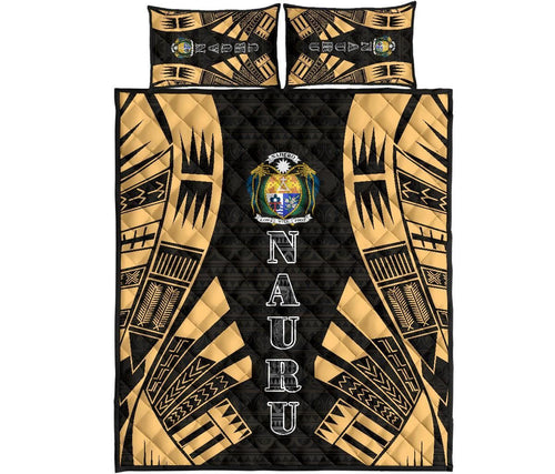 Nauru Quilt Bed Set - Nauru Coat Of Arms & Polynesian Yellow Tattoo Style