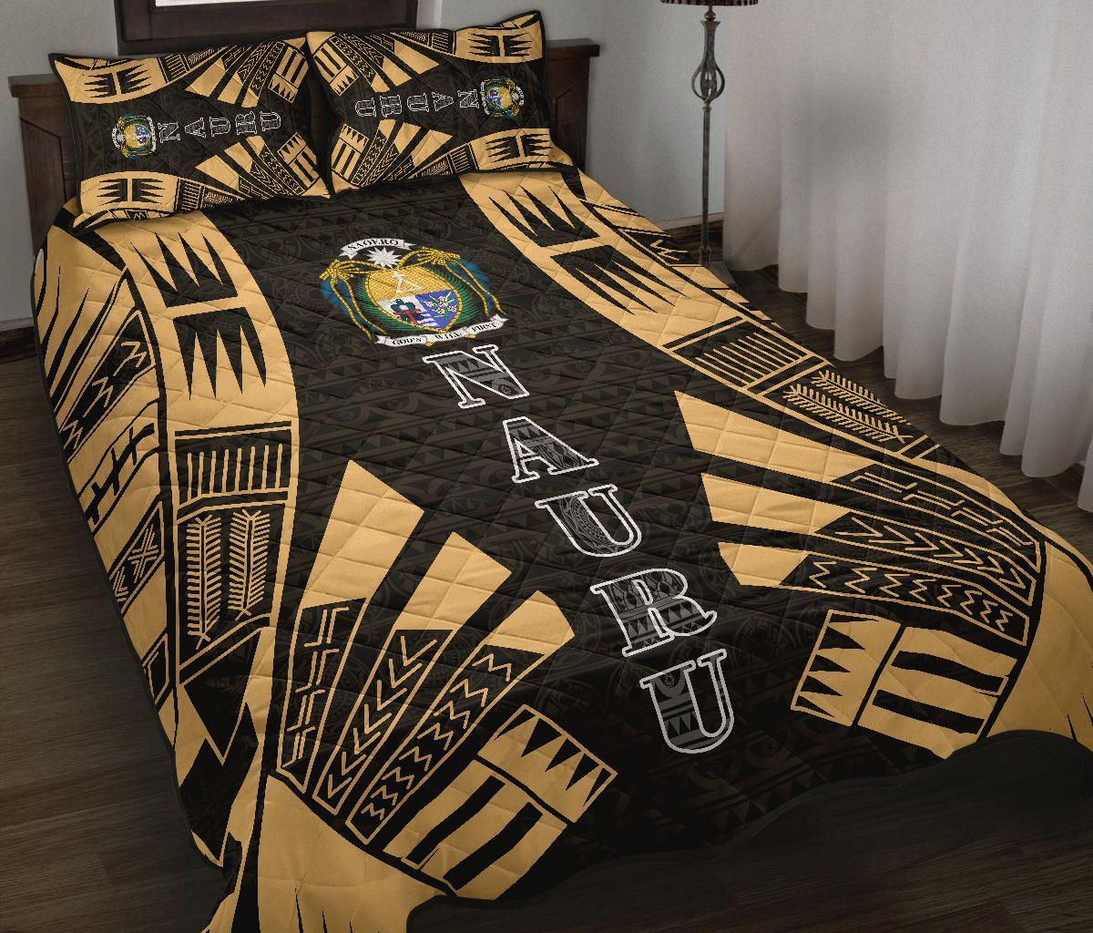 Nauru Quilt Bed Set - Nauru Coat Of Arms & Polynesian Yellow Tattoo Style