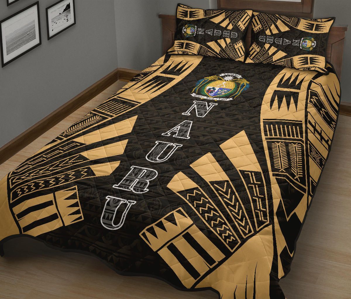 Nauru Quilt Bed Set - Nauru Coat Of Arms & Polynesian Yellow Tattoo Style