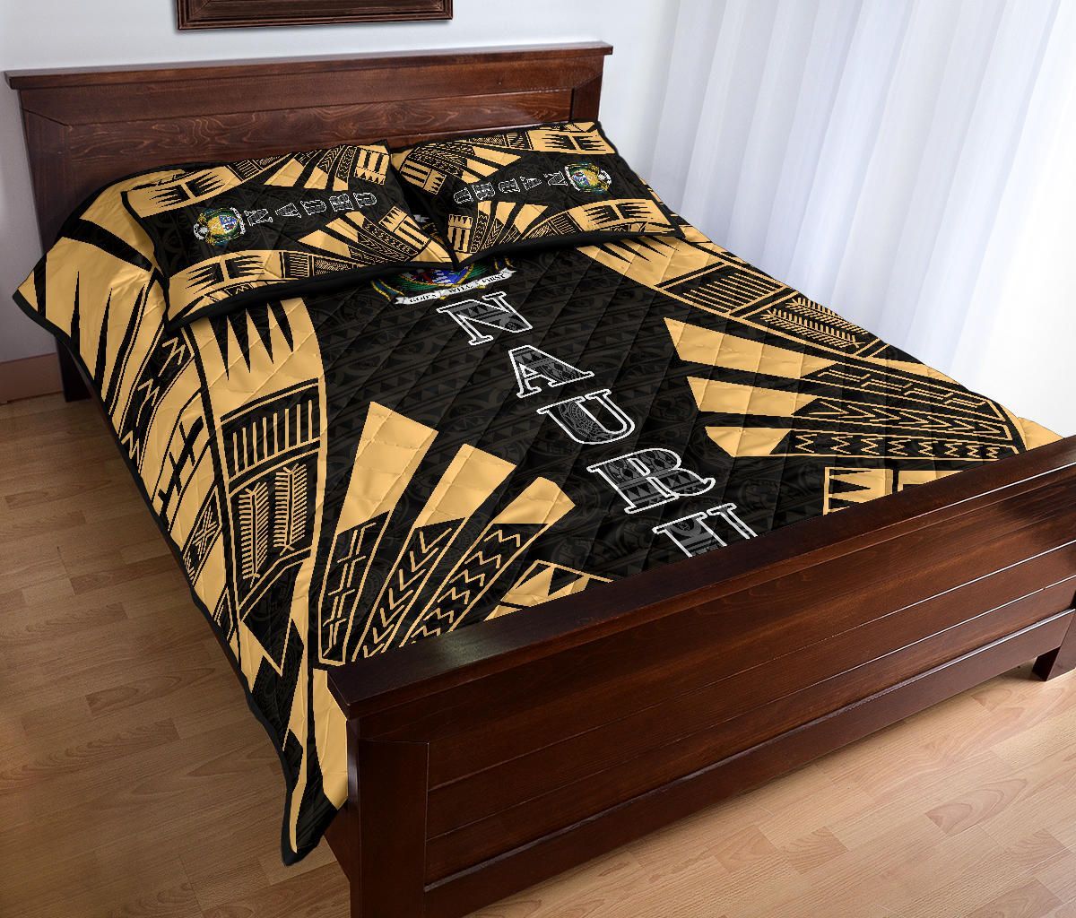 Nauru Quilt Bed Set - Nauru Coat Of Arms & Polynesian Yellow Tattoo Style