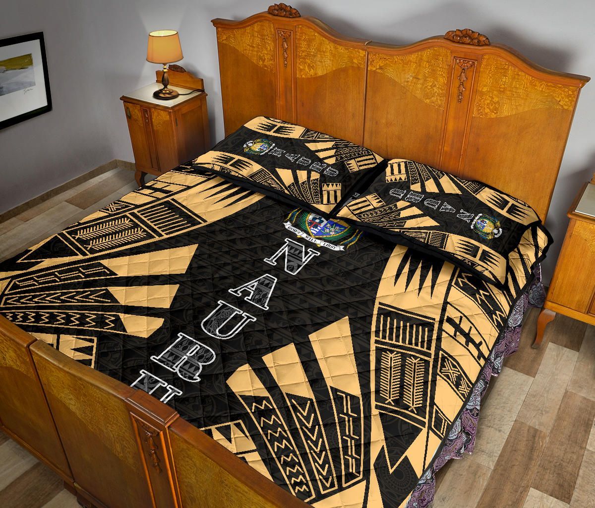 Nauru Quilt Bed Set - Nauru Coat Of Arms & Polynesian Yellow Tattoo Style