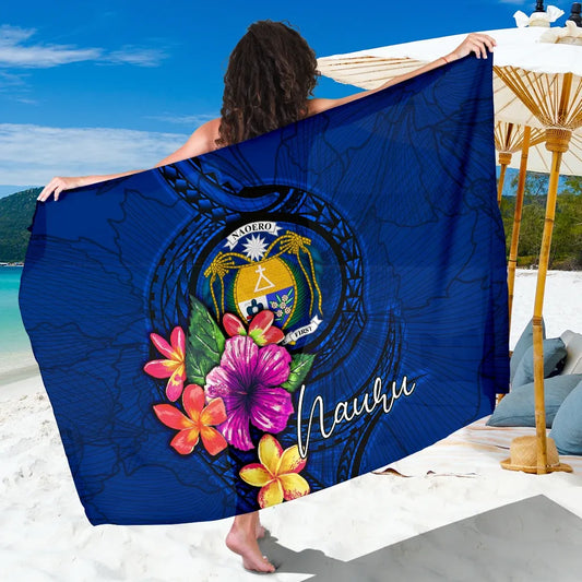 Nauru Polynesian Sarong - Floral With Seal Blue