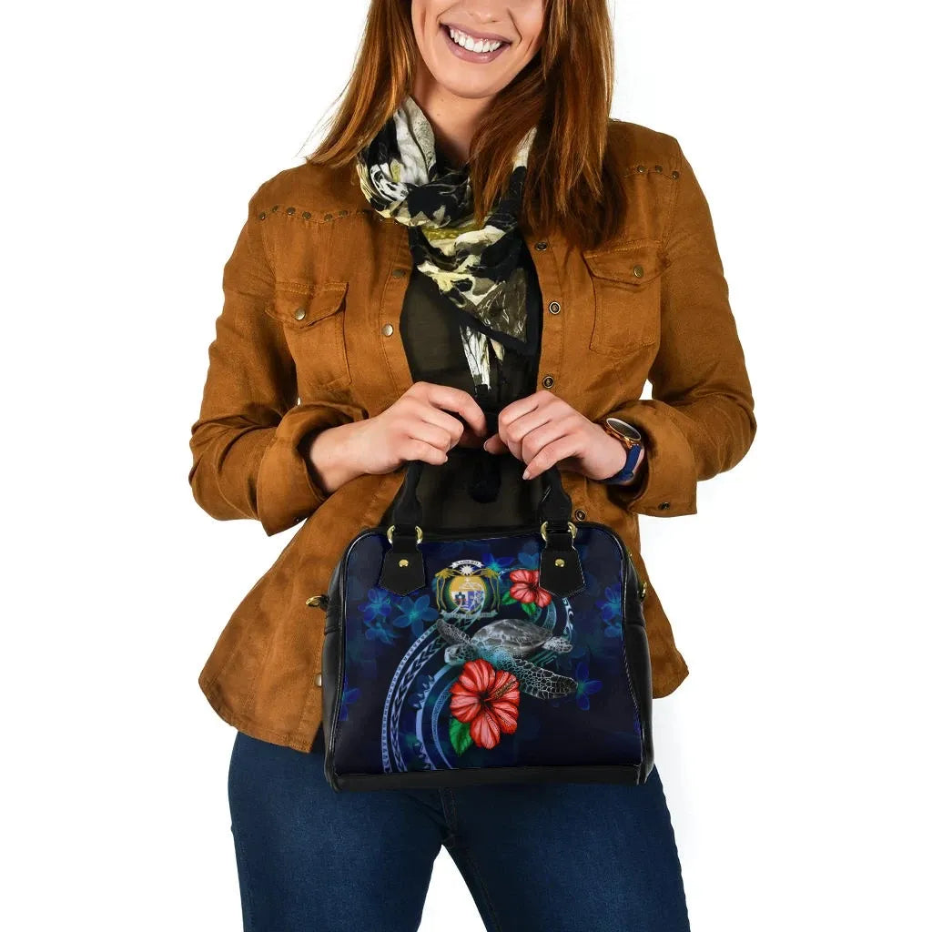 Nauru Polynesian Shoulder Hand Bag - Blue Turtle Hibiscus