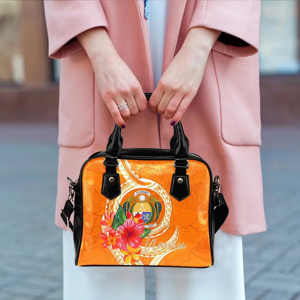 Nauru Polynesian Shoulder Handbag - Orange Floral With Seal