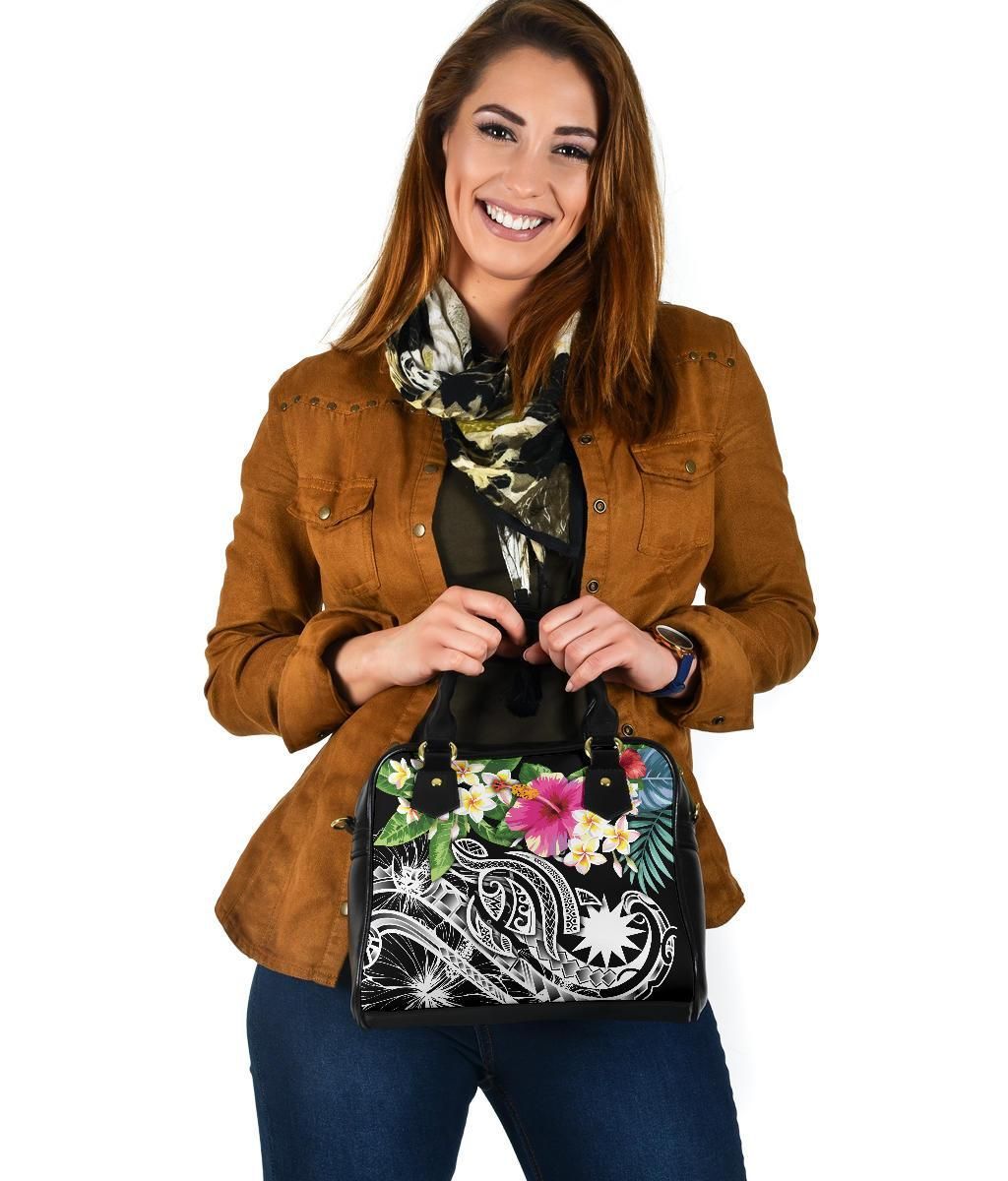 Nauru Polynesian Shoulder Handbag - Summer Plumeria (Black)