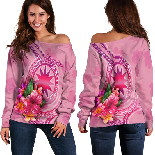 Nauru Polynesian Women Off Shoulder Sweater - Floral With Seal Pink