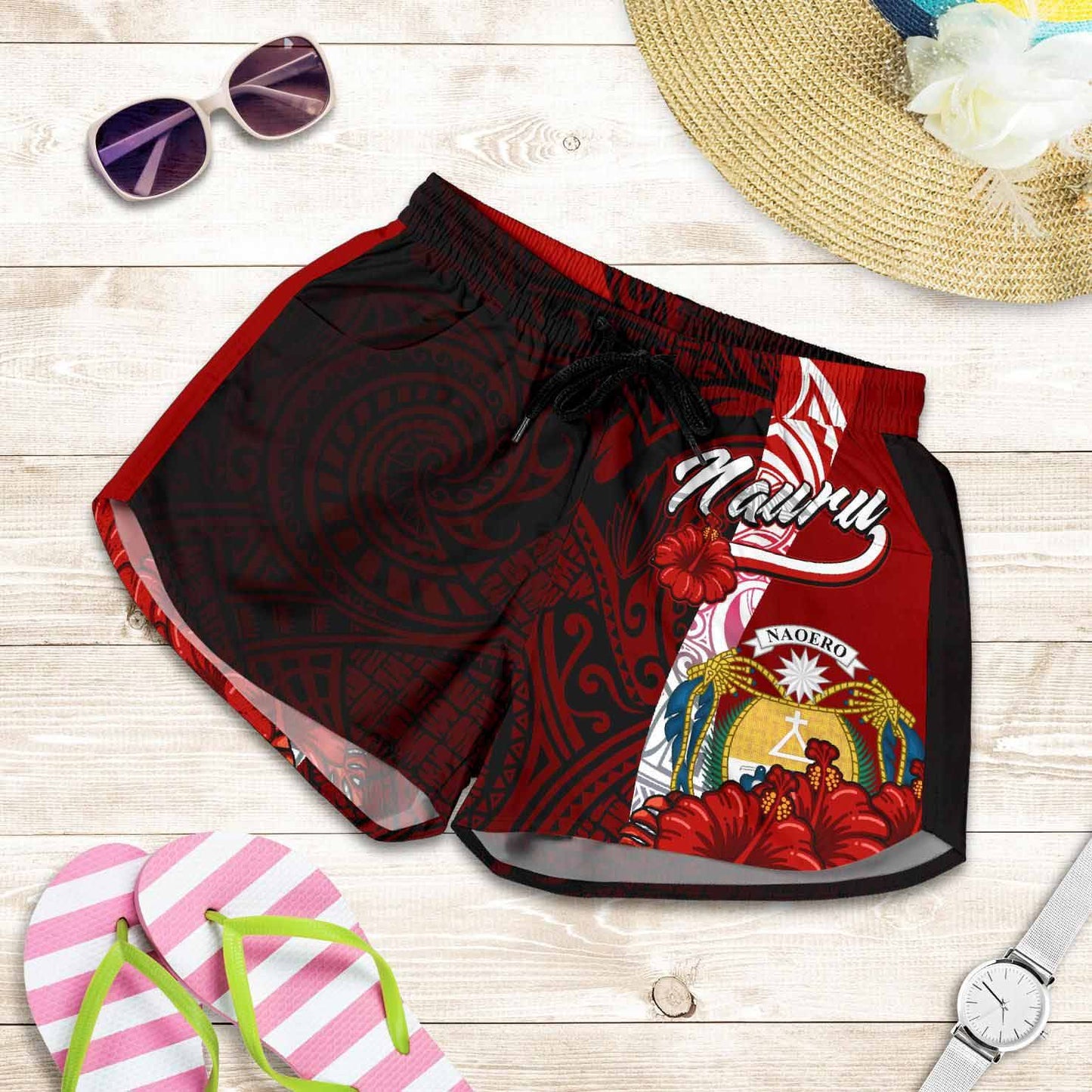 Nauru Polynesian Women Shorts - Coat Of Arm With Hibiscus