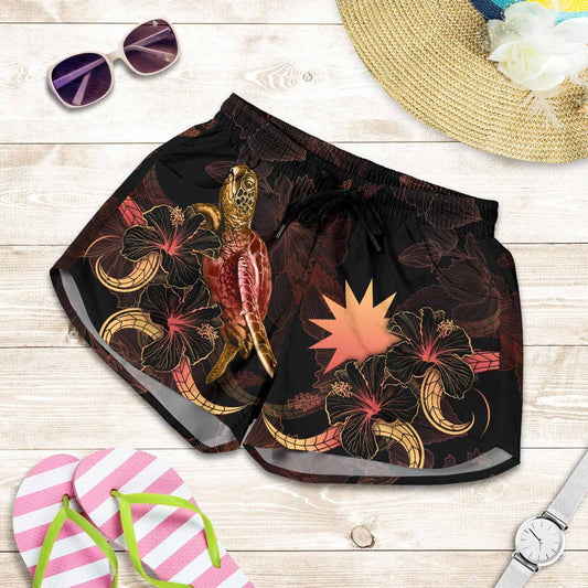 Nauru Polynesian Women Shorts - Turtle With Blooming Hibiscus Gold