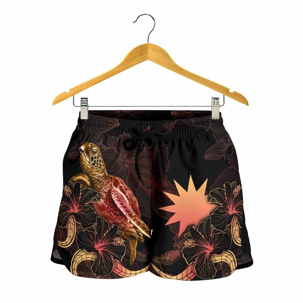 Nauru Polynesian Women Shorts - Turtle With Blooming Hibiscus Gold