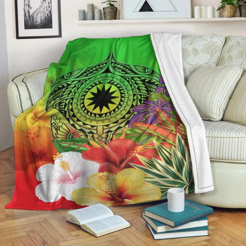 Nauru Premium Blanket - Manta Ray Tropical Flowers (Green)