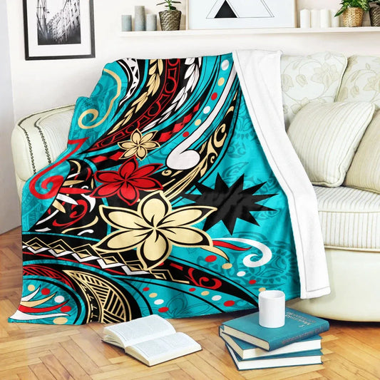 Nauru Premium Blanket - Tribal Flower With Special Turtles Blue Color
