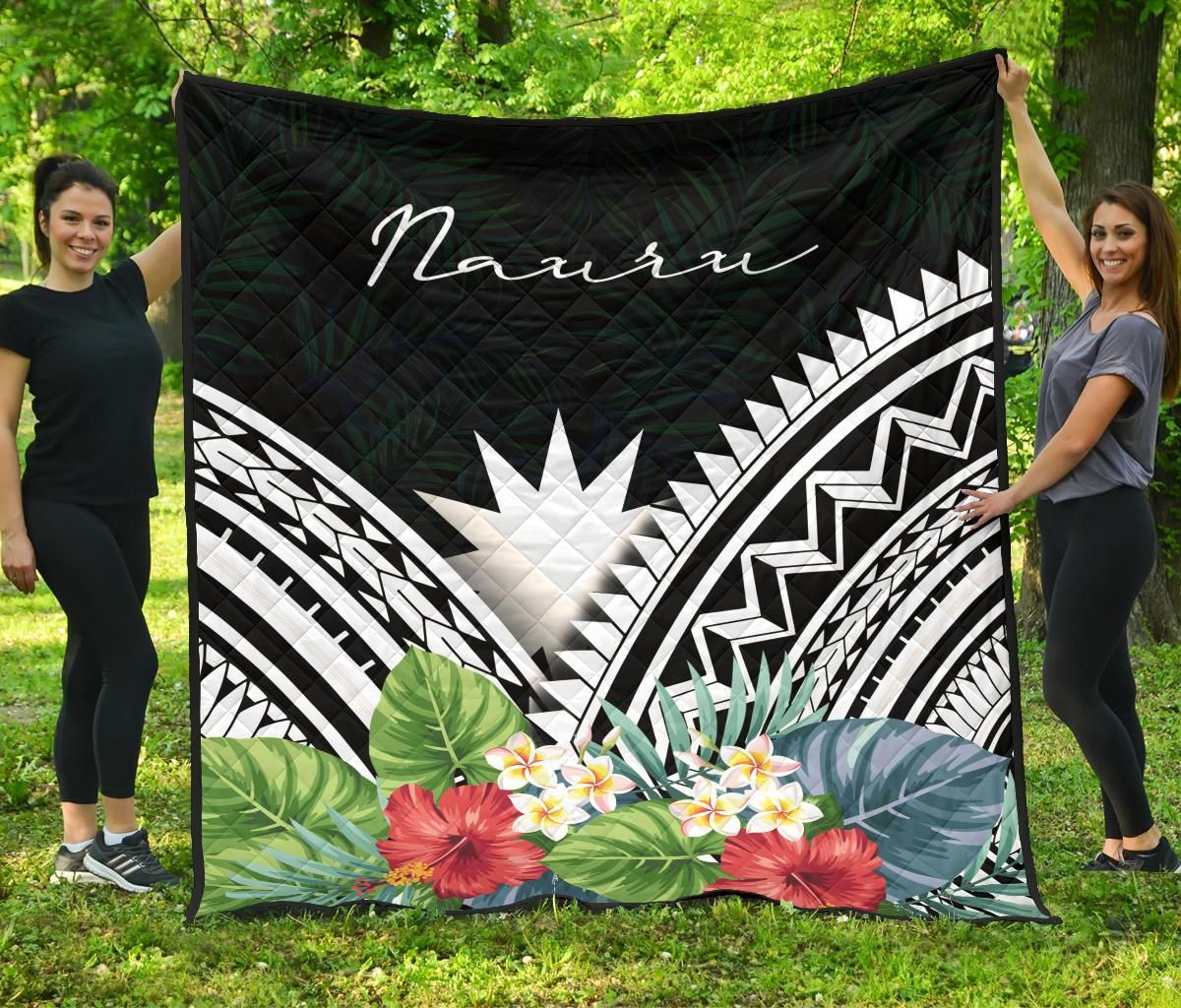 Nauru Premium Quilt - Nauru Coat of Arms & Polynesian Tropical Flowers White