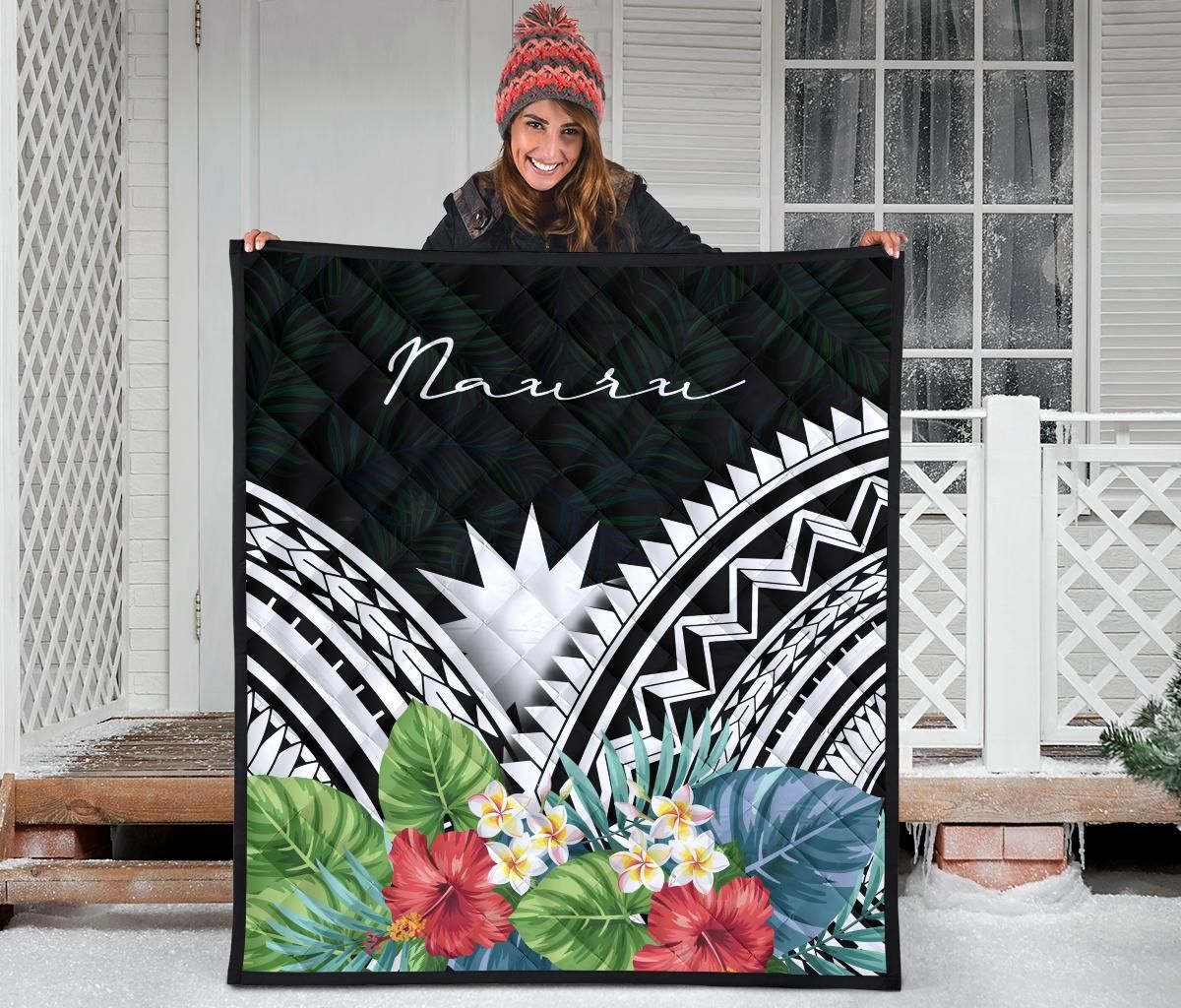Nauru Premium Quilt - Nauru Coat of Arms & Polynesian Tropical Flowers White