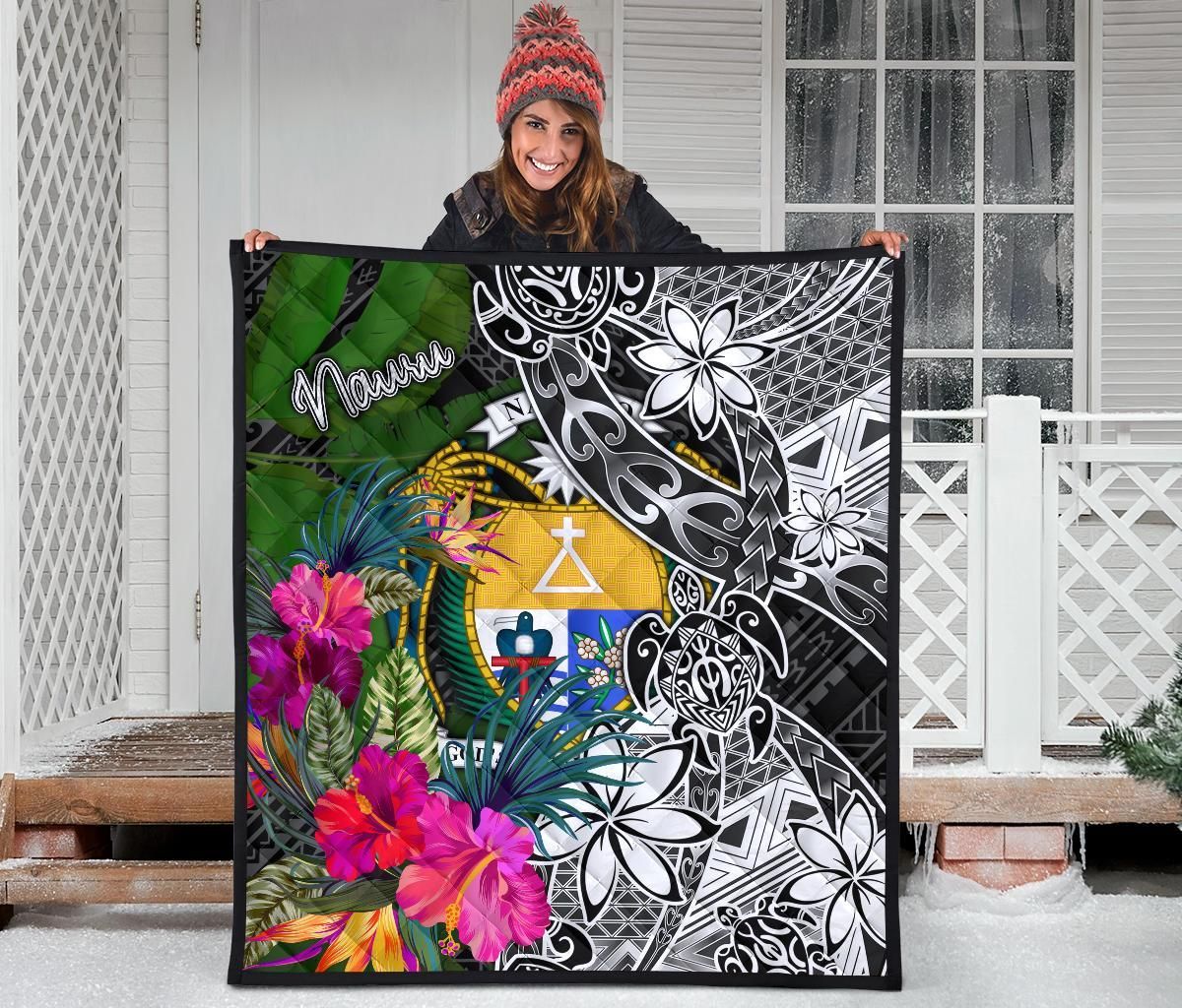 Nauru Premium Quilt - Turtle Plumeria Banana Leaf Crest