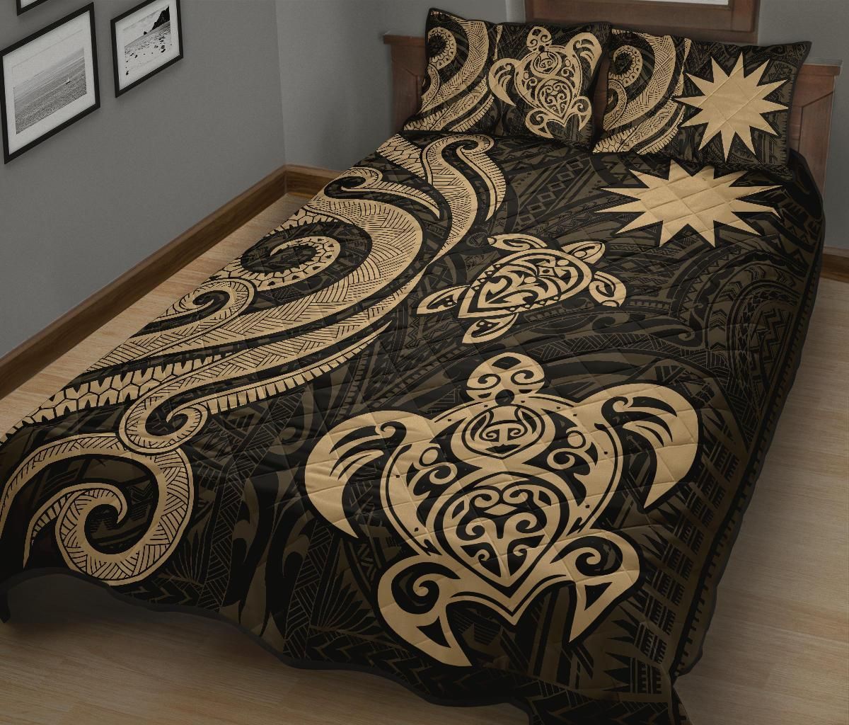 Nauru Quilt Bed Set - Gold Tentacle Turtle