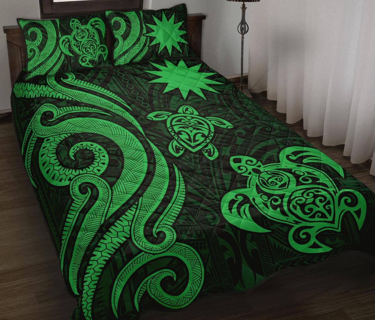 Nauru Quilt Bed Set - Green Tentacle Turtle