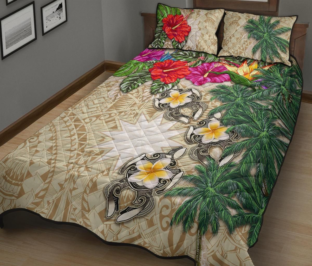 Nauru Polynesian Quilt Bed Set - Hibiscus Turtle Tattoo Beige