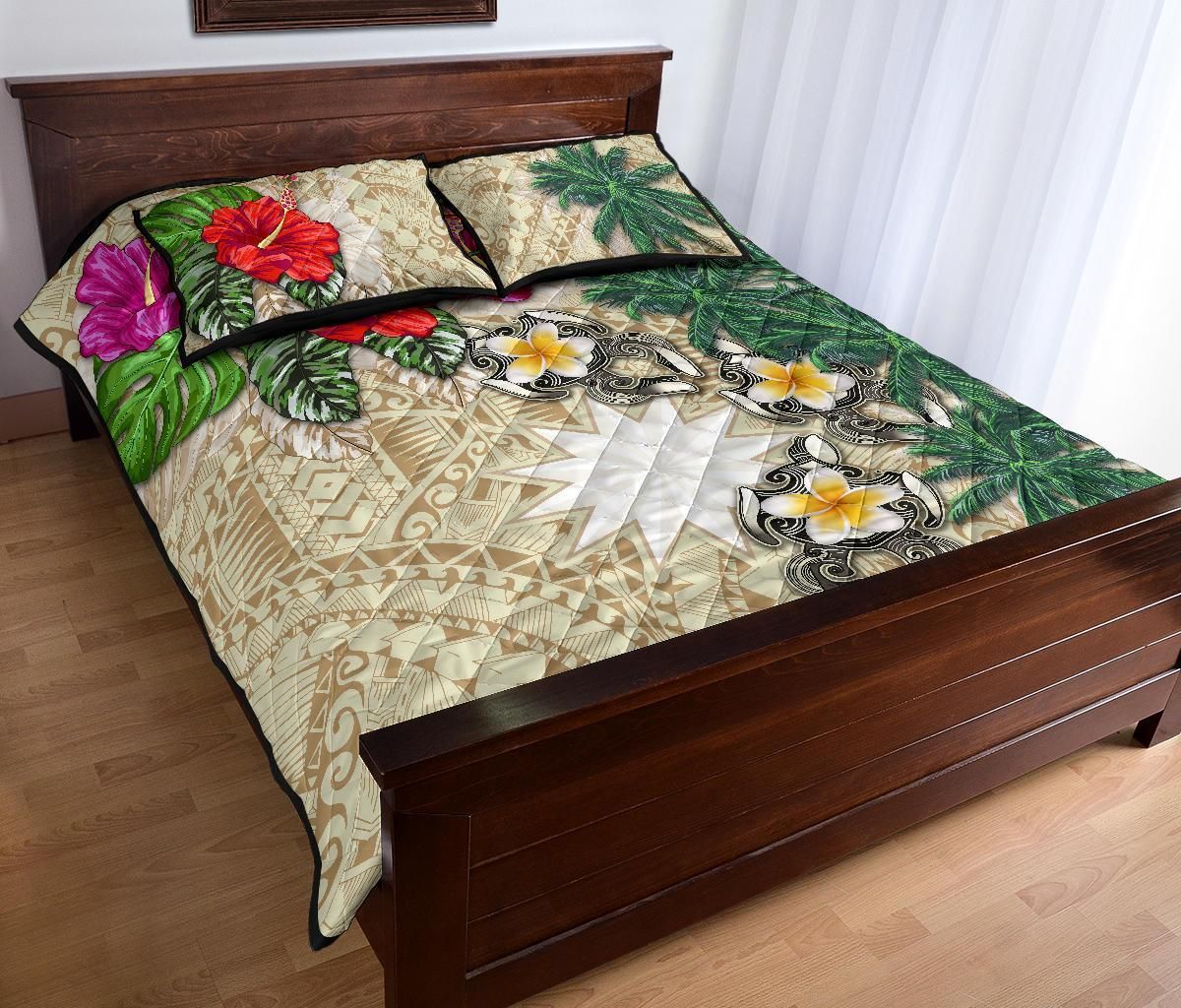 Nauru Polynesian Quilt Bed Set - Hibiscus Turtle Tattoo Beige