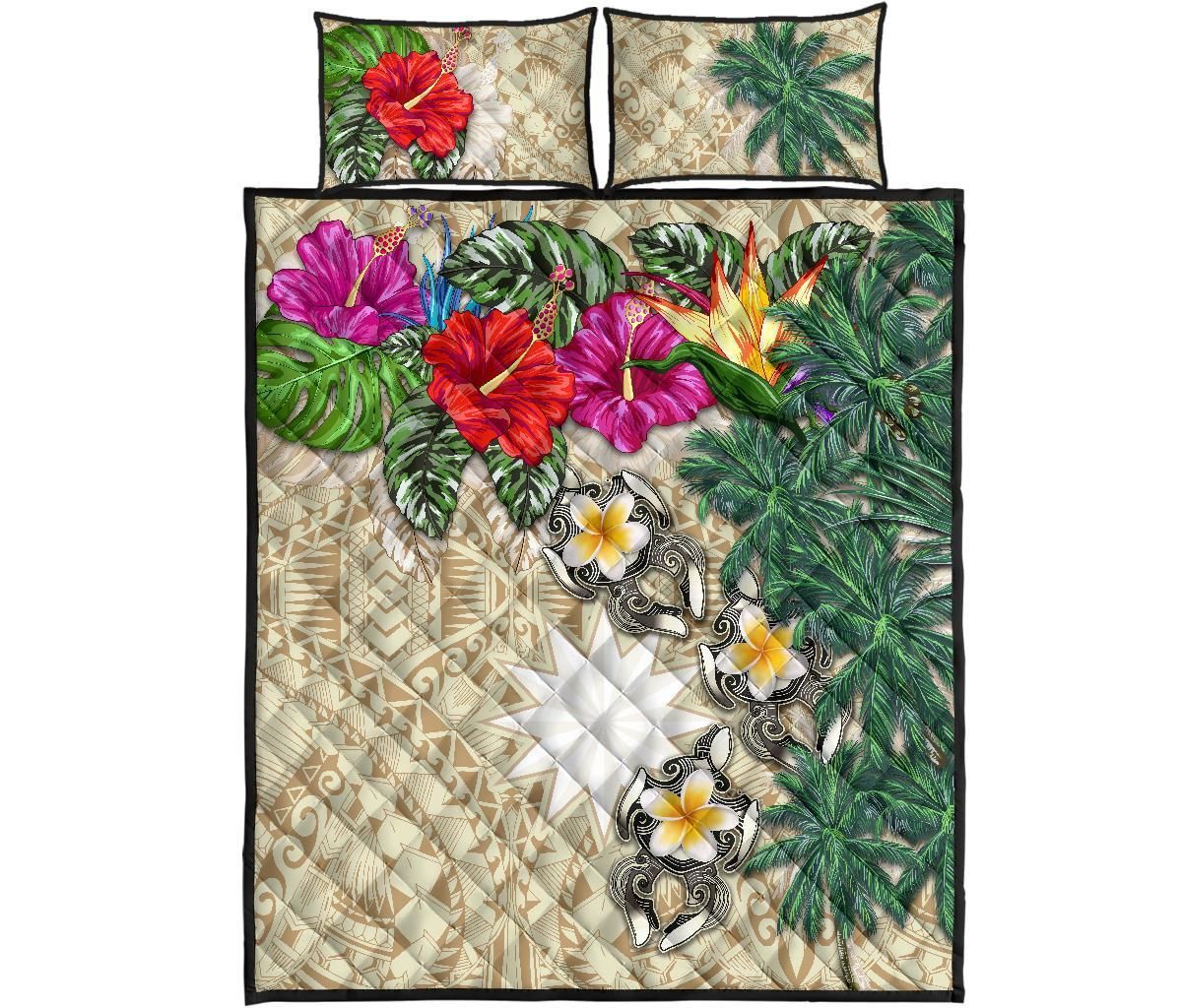 Nauru Polynesian Quilt Bed Set - Hibiscus Turtle Tattoo Beige