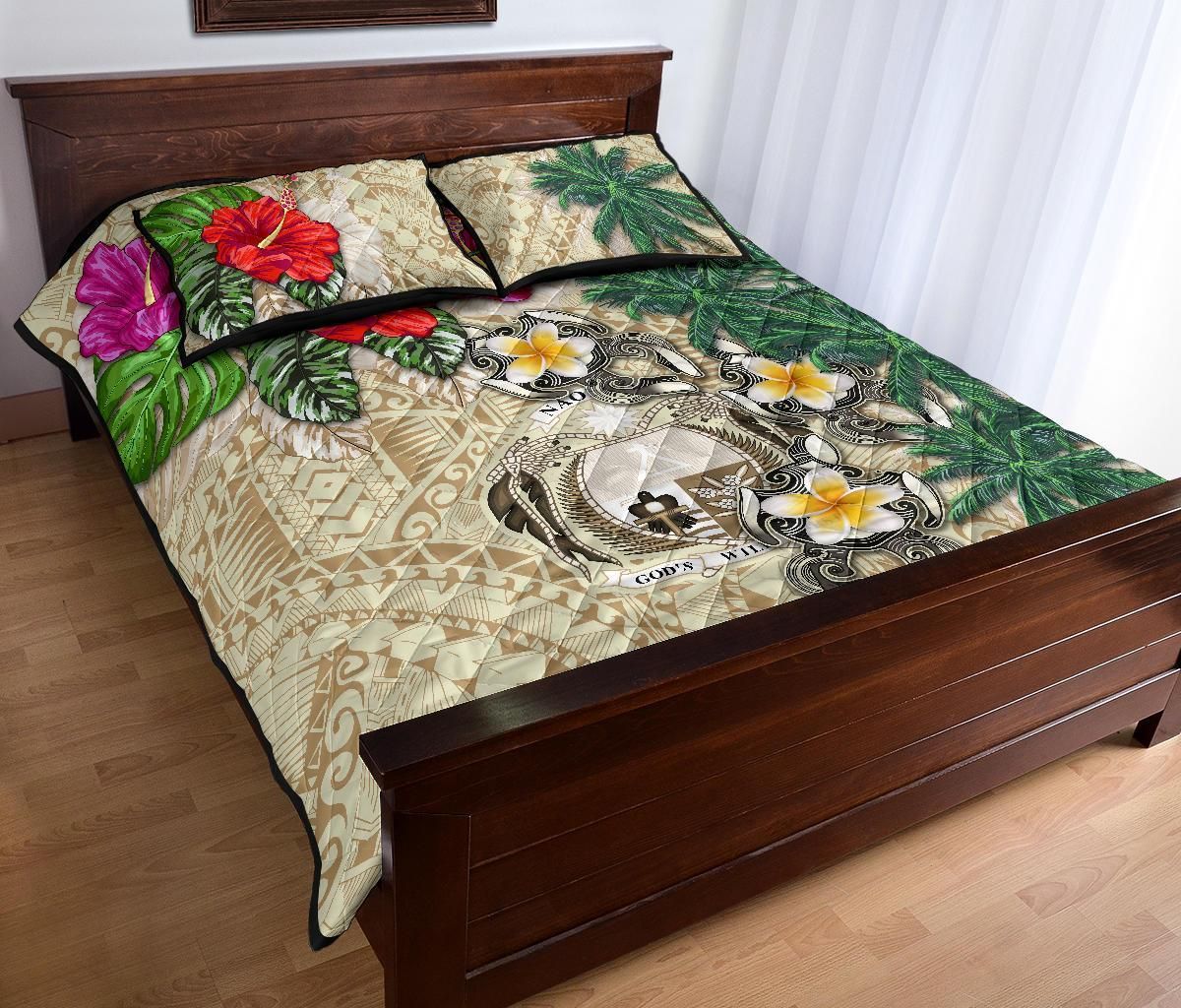 Nauru Polynesian Quilt Bed Set - Hibiscus Turtle Tattoo Beige