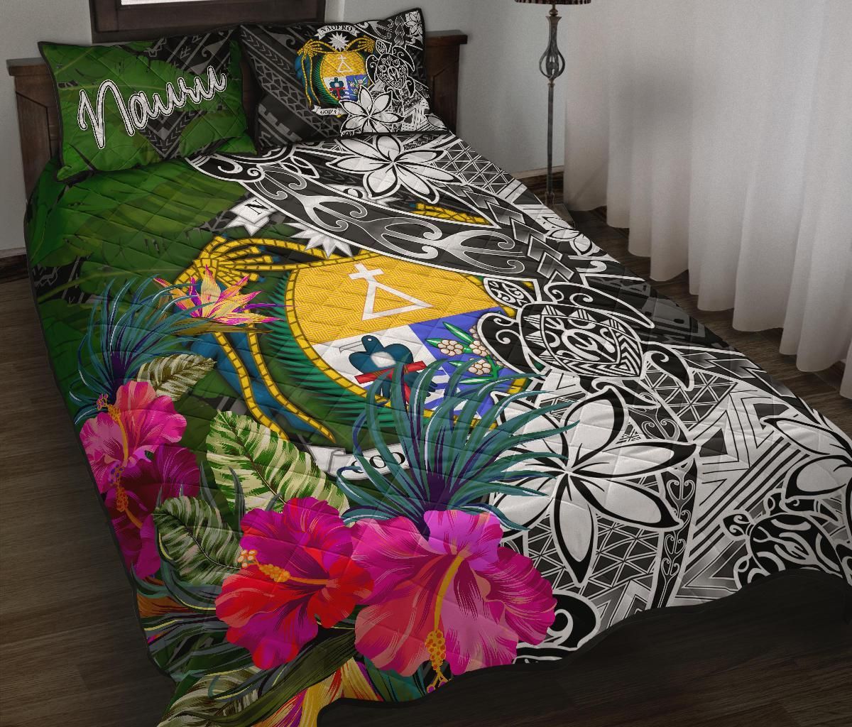 Nauru Quilt Bed Set - Turtle Plumeria Banana Leaf Crest