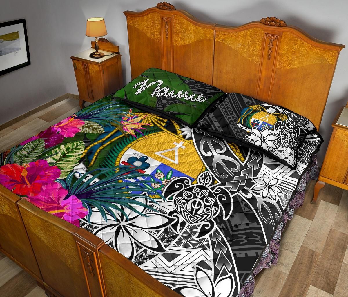 Nauru Quilt Bed Set - Turtle Plumeria Banana Leaf Crest