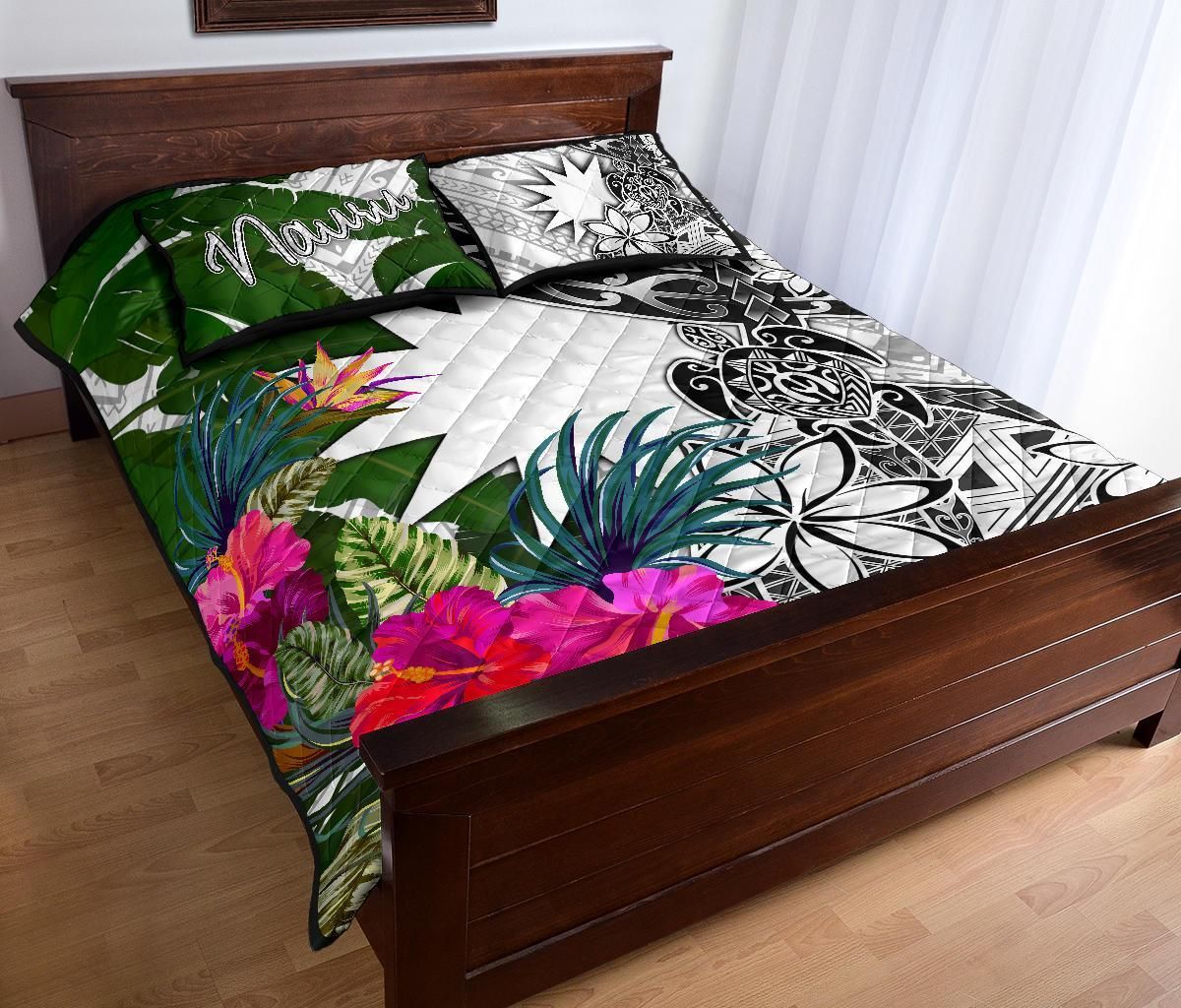 Nauru Quilt Bed Set White - Turtle Plumeria Banana Leaf