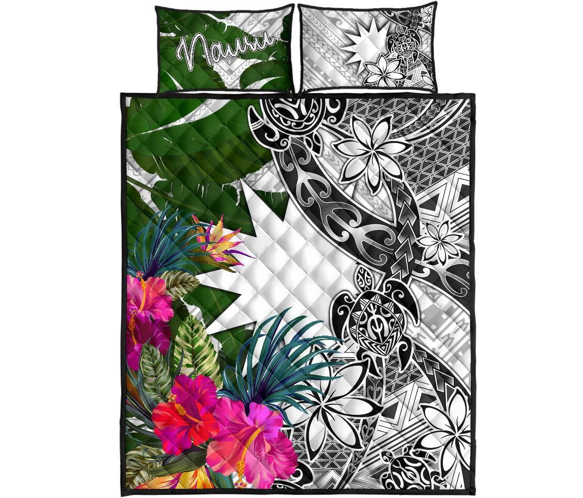 Nauru Quilt Bed Set White - Turtle Plumeria Banana Leaf