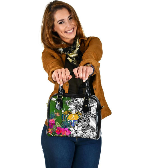 Nauru Shoulder Handbag White - Turtle Plumeria Banana Leaf Crest