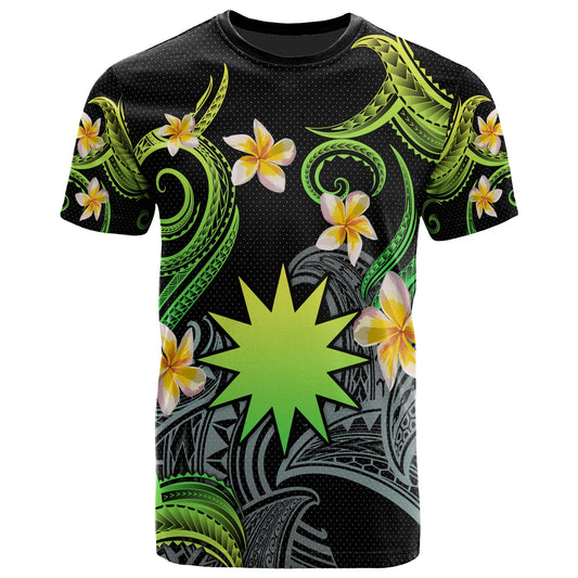 Nauru T-shirt - Custom Personalised Polynesian Waves with Plumeria Flowers (Green)