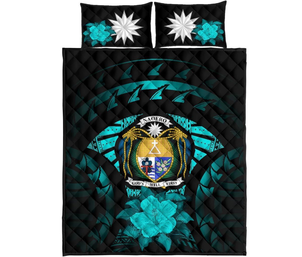 Nauru Polynesian Quilt Bed Set Hibiscus Turquoise