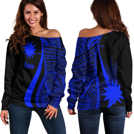 Nauru Women Off Shoulder Sweater - Blue Polynesian Tentacle Tribal Pattern
