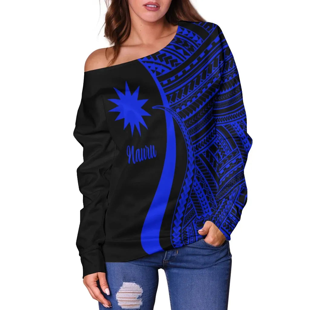 Nauru Women Off Shoulder Sweater - Blue Polynesian Tentacle Tribal Pattern