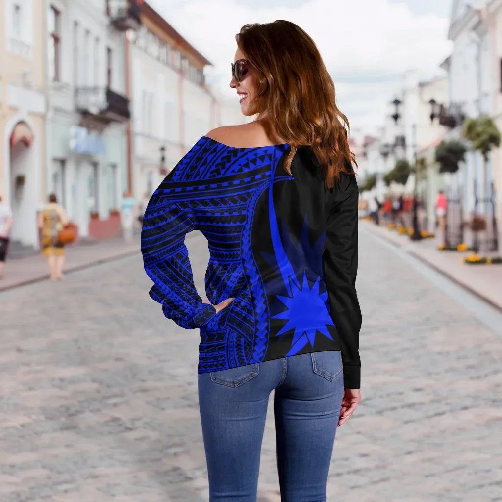 Nauru Women Off Shoulder Sweater - Blue Polynesian Tentacle Tribal Pattern