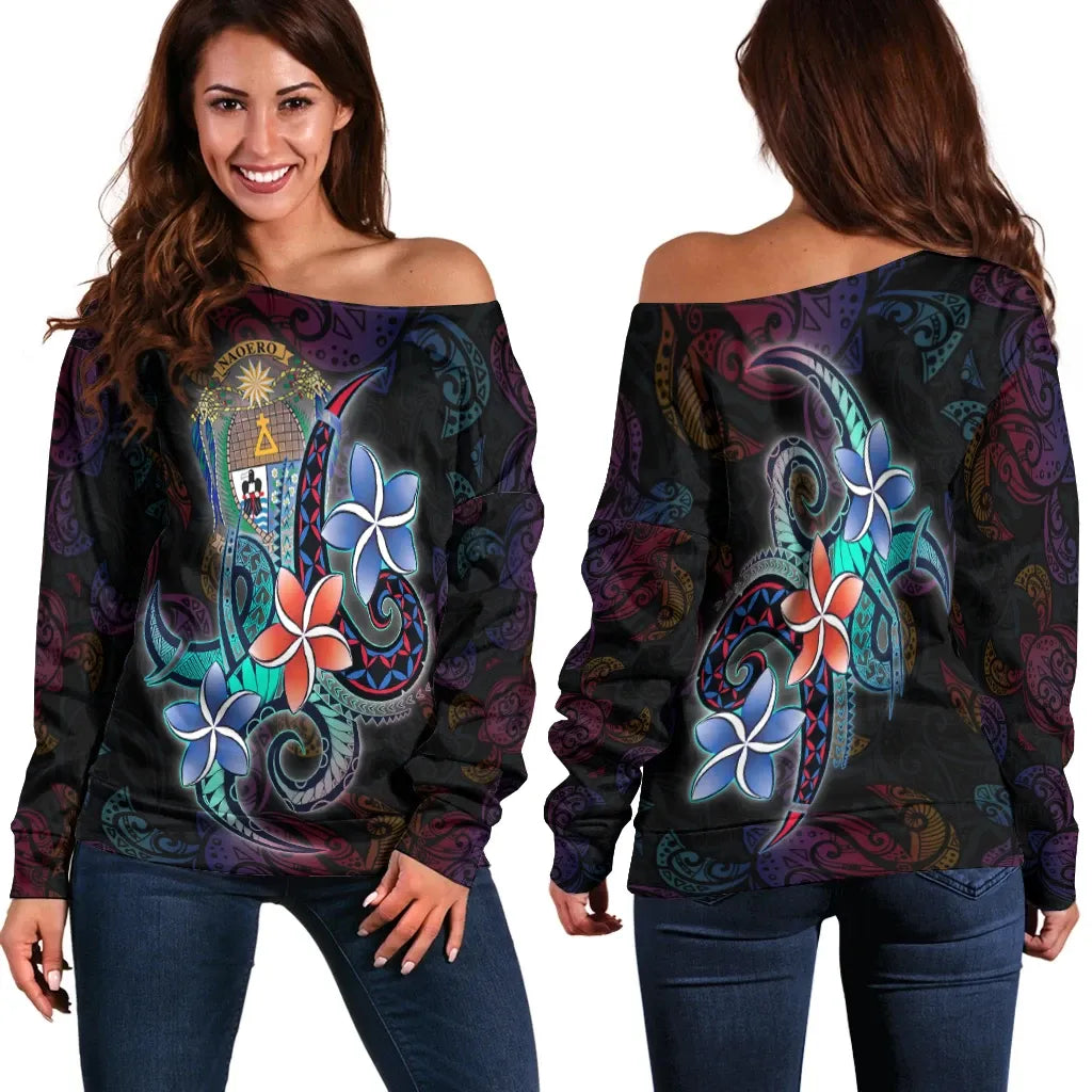 Nauru Women Off Shoulder Sweater - Plumeria Flowers Style