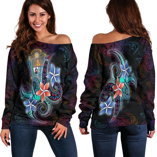 Nauru Women Off Shoulder Sweater - Plumeria Flowers Style