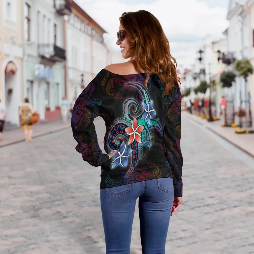 Nauru Women Off Shoulder Sweater - Plumeria Flowers Style