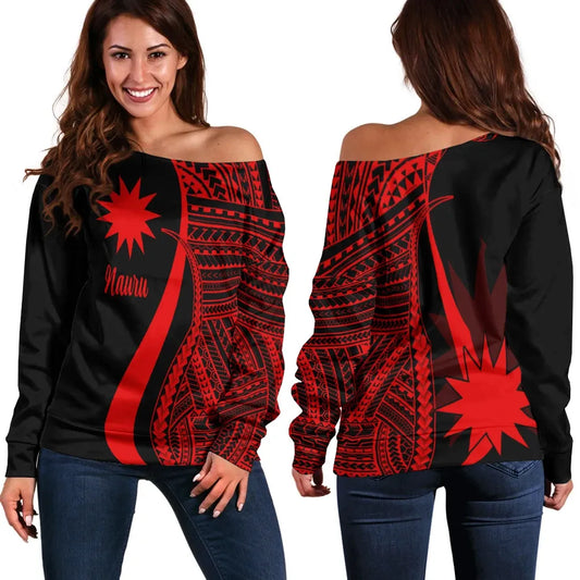 Nauru Women Off Shoulder Sweater - Red Polynesian Tentacle Tribal Pattern