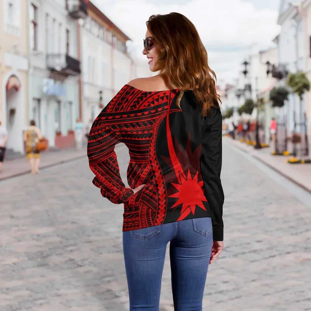 Nauru Women Off Shoulder Sweater - Red Polynesian Tentacle Tribal Pattern