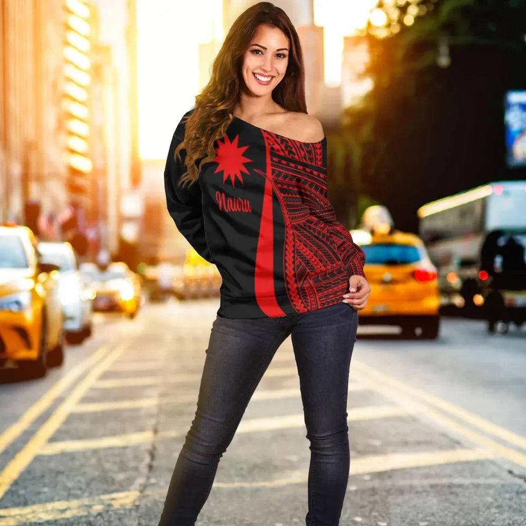 Nauru Women Off Shoulder Sweater - Red Polynesian Tentacle Tribal Pattern