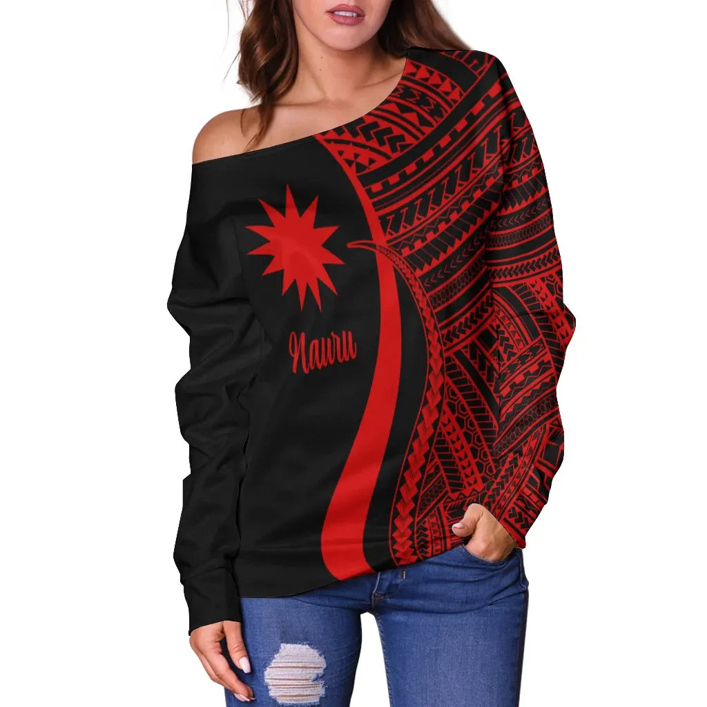 Nauru Women Off Shoulder Sweater - Red Polynesian Tentacle Tribal Pattern