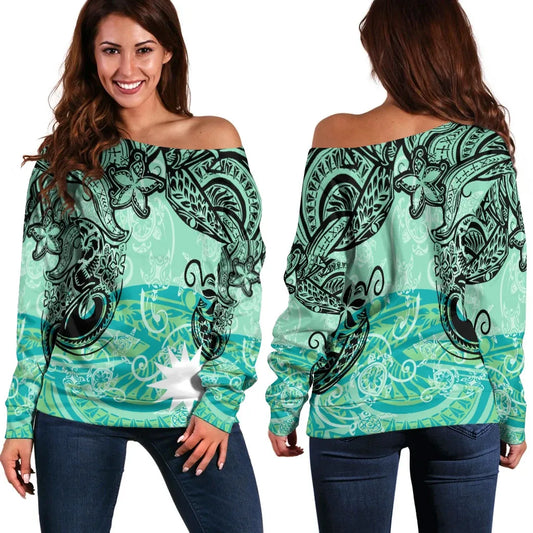 Nauru Women Off Shoulder Sweaters - Vintage Floral Pattern Green Color