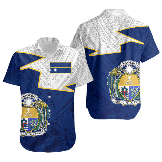 Nauru Short Sleeve Shirt Polynesian Tattoo Flag And Coat Of Arms