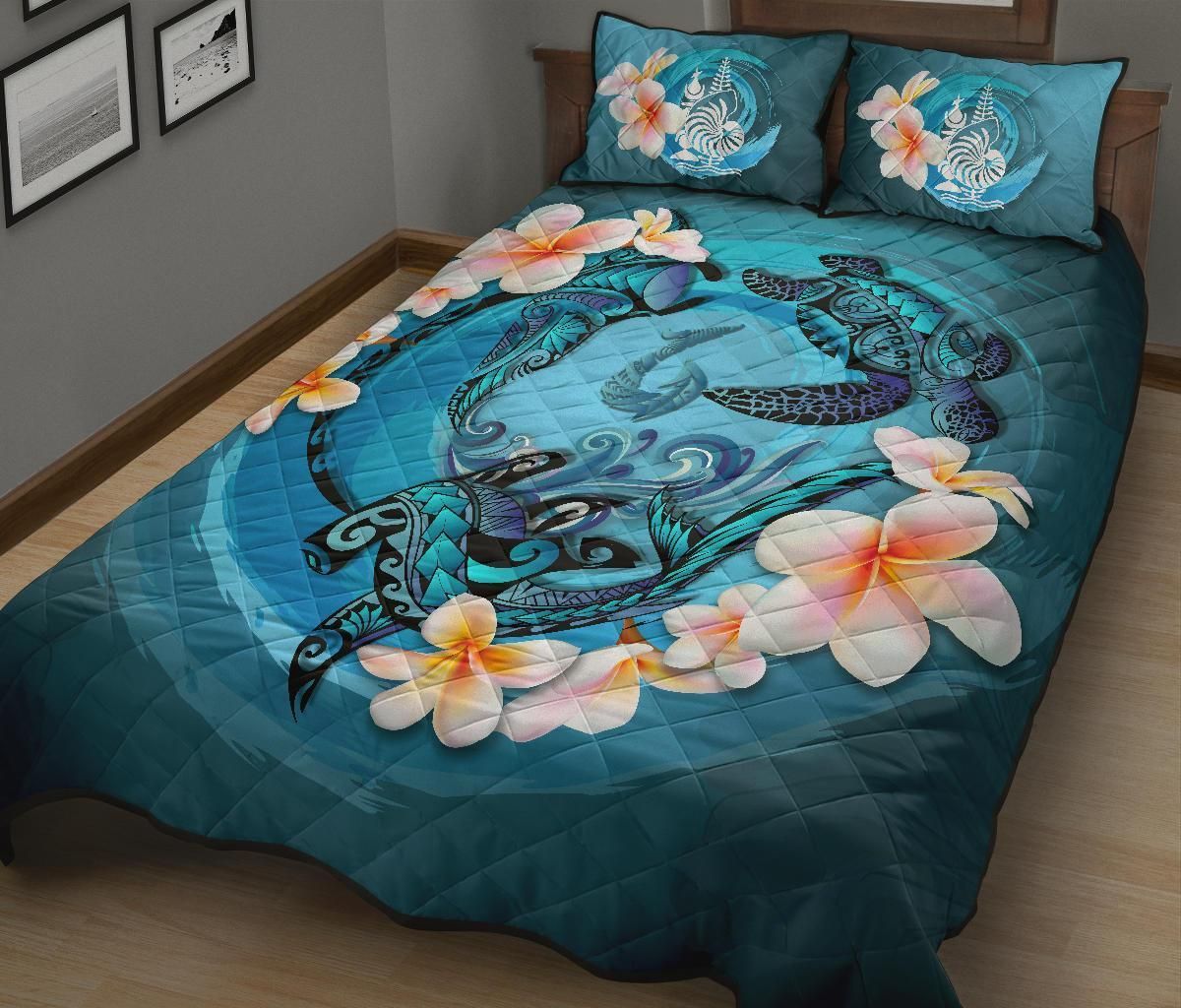 New Caledonia Polynesian Quilt Bed Set - Blue Plumeria Animal Tattoo