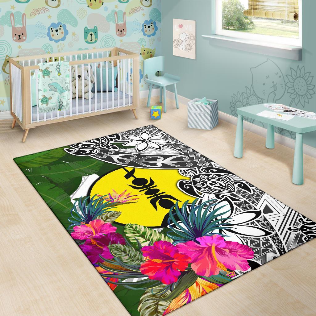 New Caledonia Area Rug White - Turtle Plumeria Banana Leaf