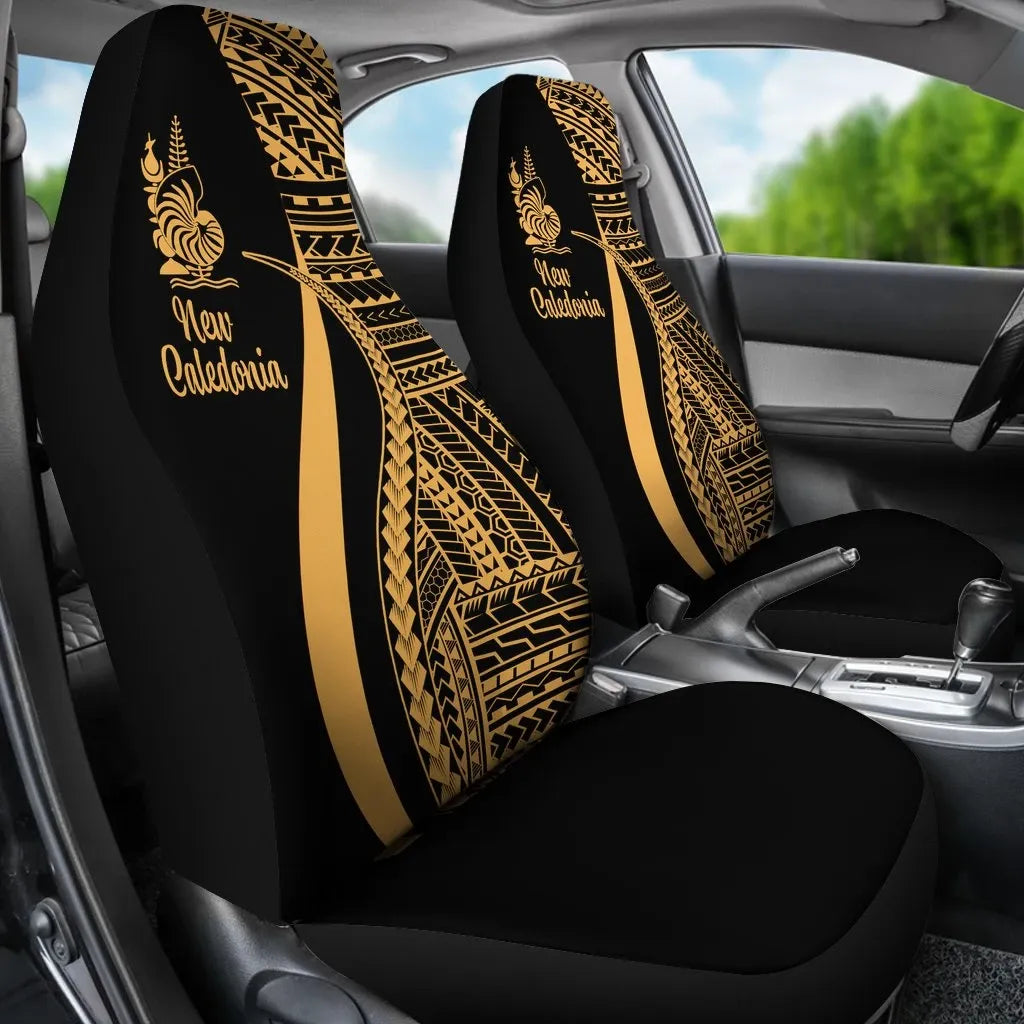 New Caledonia Car Seat Covers - Gold Polynesian Tentacle Tribal Pattern Crest