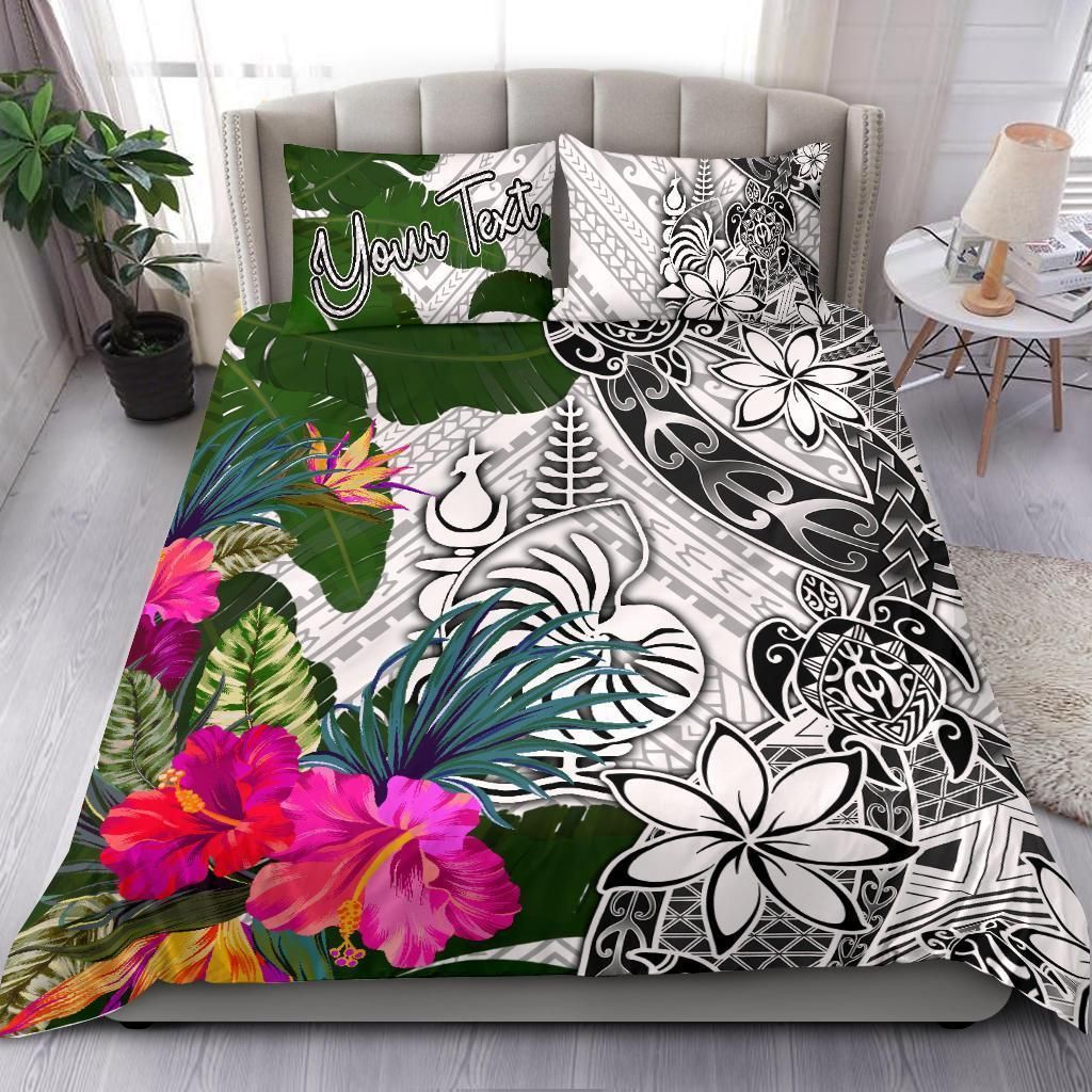 New Caledonia Custom Personalised Bedding Set White - Turle Plumeria Banana Leaf Crest